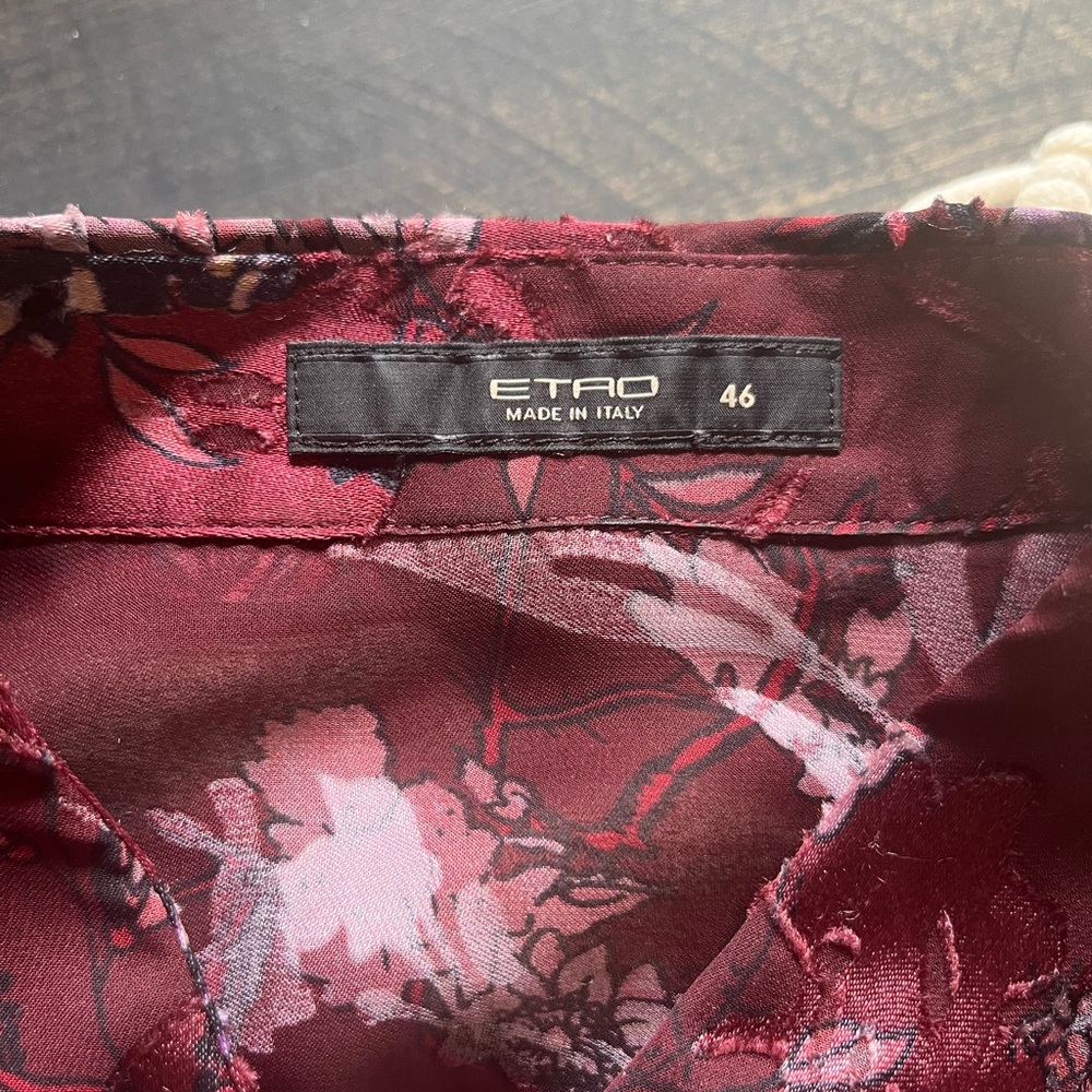 ETRO Silk Floral Button Down Shirt Semi-Sheer Wine colour Size 8 Like New - Picture 10 of 15